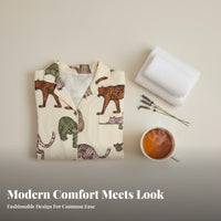 spotted feline Print Button-Front Sleep Suit Easy Care Button-Front Top and Pants Combo