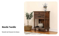 End Table with Drawer and Basket Distressed Finish Bedside Cabinet for Students