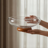 Glass Fruit Bowl with Wooden Pedestal Minimalist Glass Fruit Bowl Clear Countertop Organizer for Kitchen Counter, Dining Table