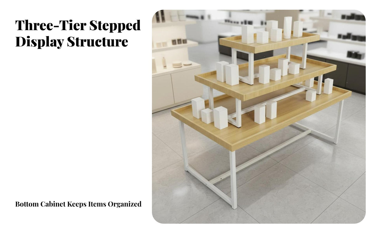 3-Tier Promotional Display Table Versatile Retail Island Display Shelf Versatile Steel and Wood Supermarket Rack for Retailers, Convenience Stores