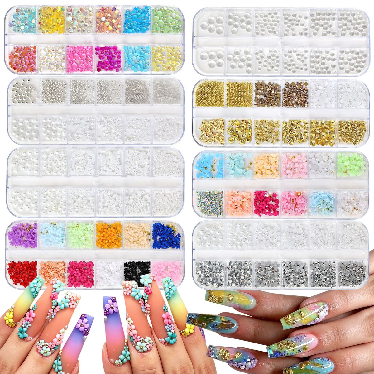 12-Grid Nail Art Mixed Gold and Silver Steel Balls, Pearls, Alloy and Colored Five-Petal Flower Charms