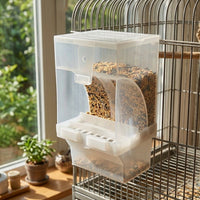 Automatic Bird Feeder and Dispenser, Transparent Cage Hanging Mount with Perch, Anti-Spill Parrot Cockatiel Budgie Accessories Small