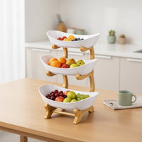 Fruit Tray Stand with Bamboo Rack Tiered Three Tier Serving Tray 3 Tier Fruit Basket Elegant Serving Stand with Bowls for Hosts