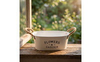Farmhouse Oval Planter with Rope Handles Rustic Metal Planter Container White Flowers and Garden Container Tapered for Tabletop