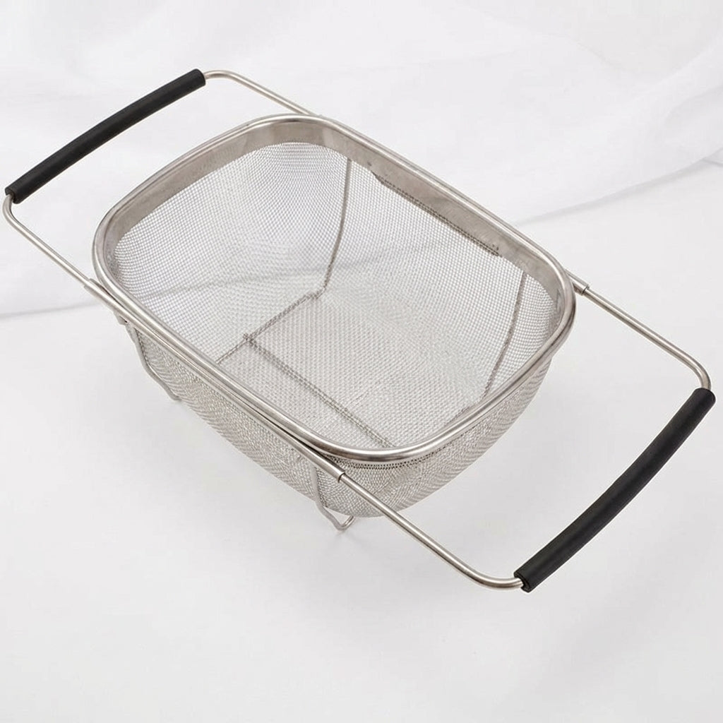 Sink Strainer and Stainless Steel Colander, Large Rectangular Expandable Sink Colander with Retractable Handles, Fine Mesh Pasta Strainer Basket