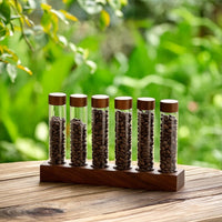 Single-Dose Coffee Bean Display Rack Wooden Coffee Bean Cellar with Wood Base Airtight Glass Tube Holder Countertop for Baristas, Espresso Station