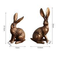 2 Pieces Bronze Hare Statue Resin Animal Sculpture Figurine Vintage Style Home Decor for Desk, Bedroom