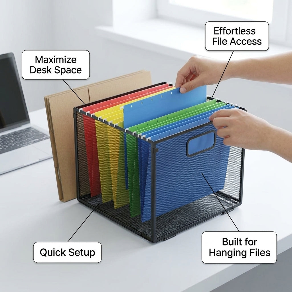 Wall Mounted File Organizer Metal Folding Design, Hanging Document Storage Rack for Office Workspace Organization, Large Capacity Tray