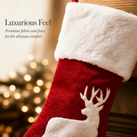 Christmas Stockings with Embroidered Reindeer and Snowflake Designs, Red and White Holiday Gift Bags