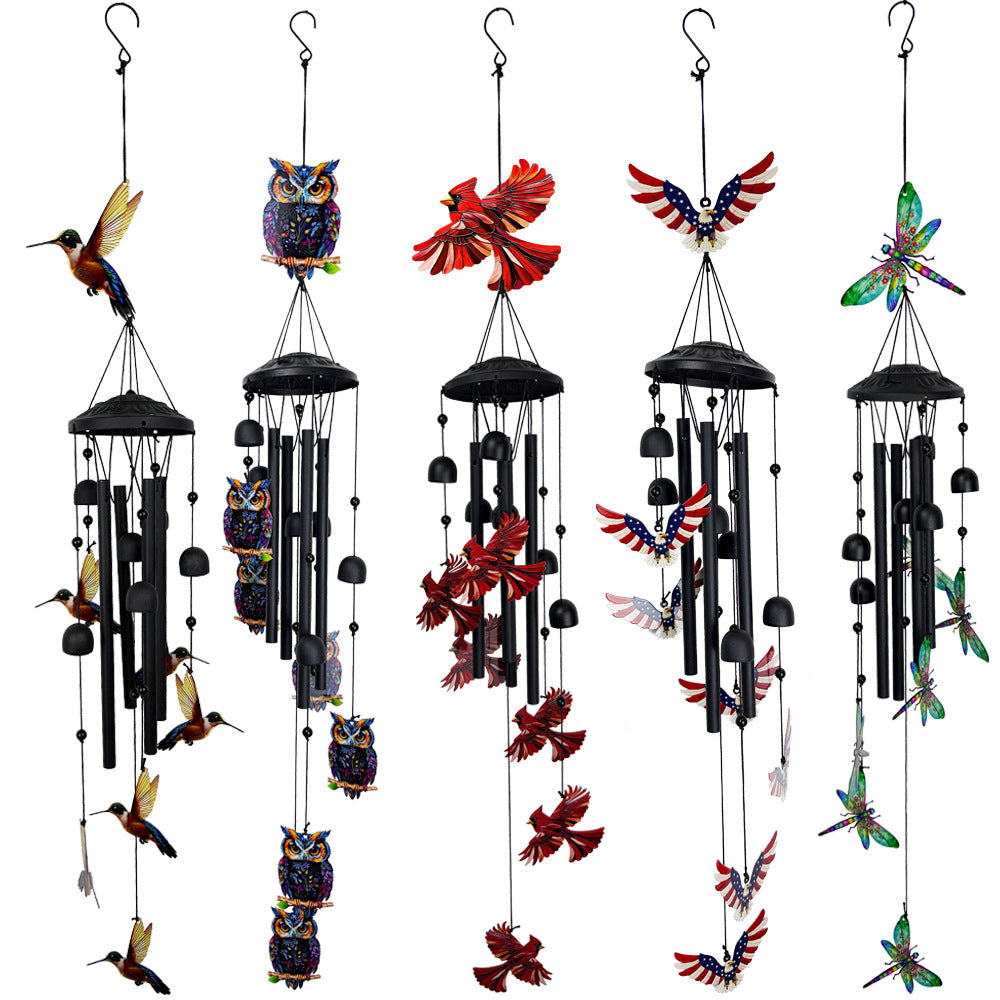 Metal Wind Chime with Hummingbird, Eagle, Butterfly, Owl Motifs for Garden and Home
