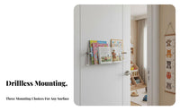 drillcomplimentary Installation Clear surfacemounted shelf Transparent Design Clear surfacemounted shelf Front-Facing Book Display wall surface-mounted storage areaSaving for Children, Collectors, Hallmethod, play area, Nursery, Living Room