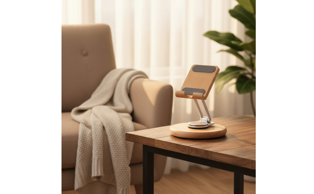 Phone Holder with Wooden Base Stable Foldable Phone Stand Hands Adjustable Stand for Bedside Table