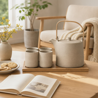 Ceramic Tea Set Speckled Clay Tableware Wooden Tray