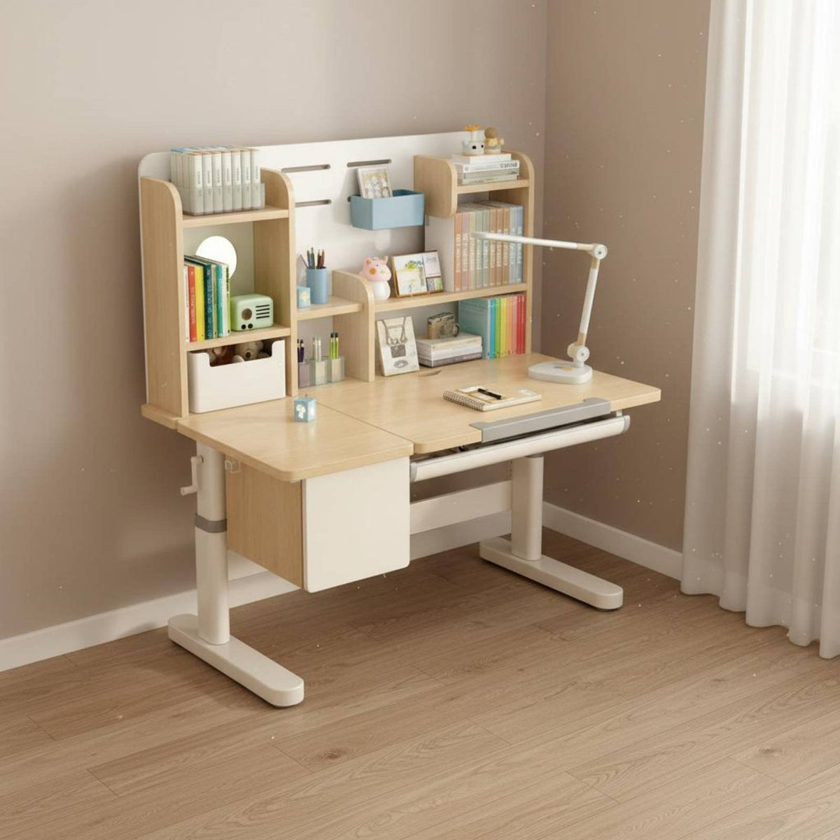 Kids Desk and Chair Set Solid Wood Construction Height Adjustable Study Desk Rounded Corner Design children's Writing Table for Girls, Home, Playroom