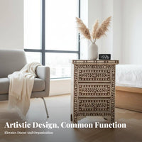 2-Drawer Nightstand with Floral Painting Distressed Finish Bedside Table Vintage Look Curved Legs for Apartment Dwellers