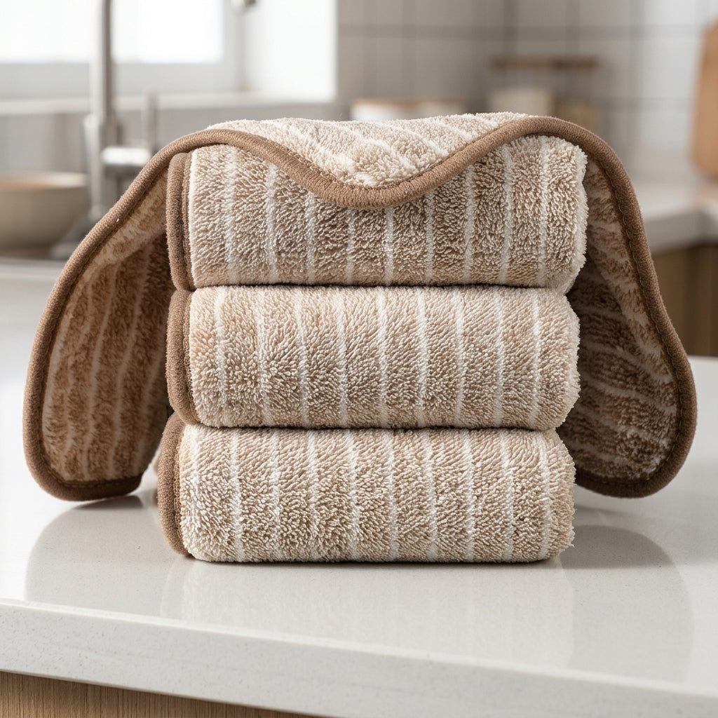Striped Microfibre Cloth Set of 3, Reinforced Cleaning Cloths for Dishes and Countertops, High Absorbent Dish Towel with Stitched Edges, 25x25cm