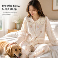 Cute Puppy Cloud Cotton Pajama Set for Women, Long Sleeve with Doll Collar and Lace Trim