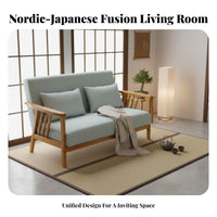 Paded Wood Frame Settee Japanese Design Upholstered Wood Frame Settee Space-Efficient Size Splayed Legs for Perusing Corner