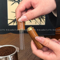 Stainless Steel Coffee Distribution Needle with Wooden Handle and Storage