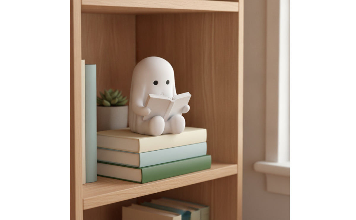 Bookish Ghost Statue with Book Cute Reading Book Ghost Figurine Adorable Halloween Table Decor Minimalist for Readers, Bookshelf, Desk