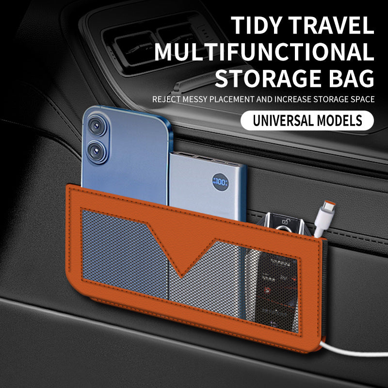 Car Door Storage Bag with Phone Pocket, Adhesive Multi-Functional Mesh Organizer