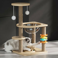 Space Capsule Cat Bed Wood Climbing Frame with Turntable Toy, Multi Level Activity Center for Adult Indoor Cats, Kittens Pets Density Board
