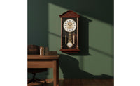 Chinese-Style Vintage Pendulum Clock Arched Crown Wood Wall Clock Stepped Base Home Decor Gold-Toned Detailing