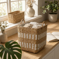 Woven Laundry Hamper Large Capacity Lined Storage Basket Rustic Style Storage Bin for Washroom
