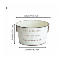 Rustic Metal Flower Pot Printed French Text Tapered Planter Bucket Side Handles