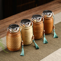 Bamboo-Woven Insulated Bottle, Chinese Style, Vintage, Small, Portable