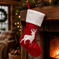 Christmas Stockings with Embroidered Reindeer and Snowflake Designs, Red and White Holiday Gift Bags