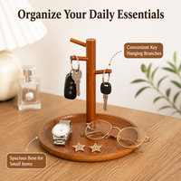 Wooden Key Holder, 20cm Valet Tray with Multiple Hooks, Modern Aesthetic Desk Decor for Small Items, Cosmetics, Jewelry