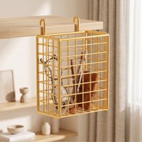 Metal Grid Wall Basket with Hooks Multipurpose Metal Wire Hanging Basket Space-Saving Organizer for Kitchen, Washroom, Closet