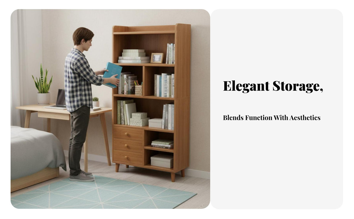 Large Capacity Unobstructedstanding Bookcase with Drawers Strong Load-Bearing Multi-Compartment Storage Unit Stable Structure Bookshelf Sturdy and Long-Lasting for Students, Book Lovers, Homeowners, Study Room, Bedroom