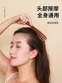 Pure Brass Long-Handle Massage Comb for Scalp and Head Meridian, Thick Wide Teeth, for Men and Women, Gold Silk Sandalwood Comb