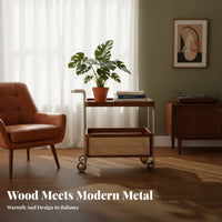 Dual-Level Rattan Trolley Vintage Aesthetic Mobile Side Table Woven Shelves Space-Saving for Hosts, Living Room, Bedroom