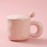 Macaron Ceramic Mug with Lid and Spoon, 400ml Pastel Color Tea for Girls, Large Coffee for Office and Home Use