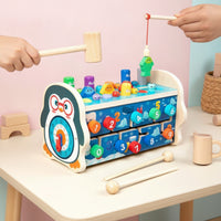 Multifunction Wooden Activity Toy with Clock Cognitive Wooden Hammering Toy Safe Whack-Acritter Game Colorful for Toddlers, Playroom, Classroom