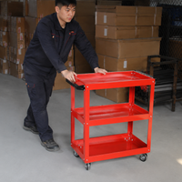 3-Tier Rolling Tool Cart, Red Painted Steel Service Cart 70x35cm, Mechanic Workshop Trolley with Locking Wheels