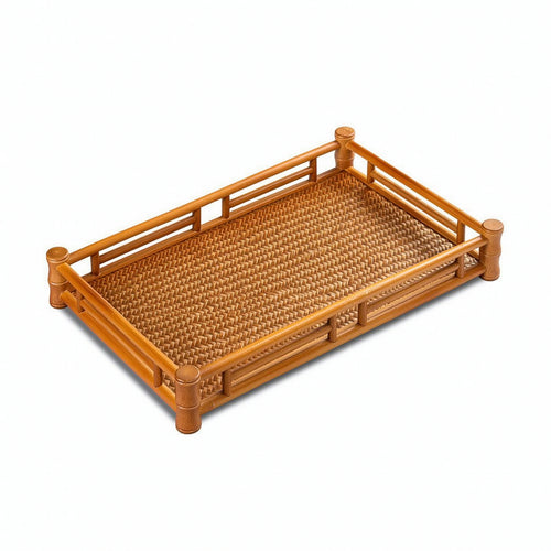 Serving Tray with Woven Central Panel Portable Bamboo Serving Tray Versatile for Tabletop Display