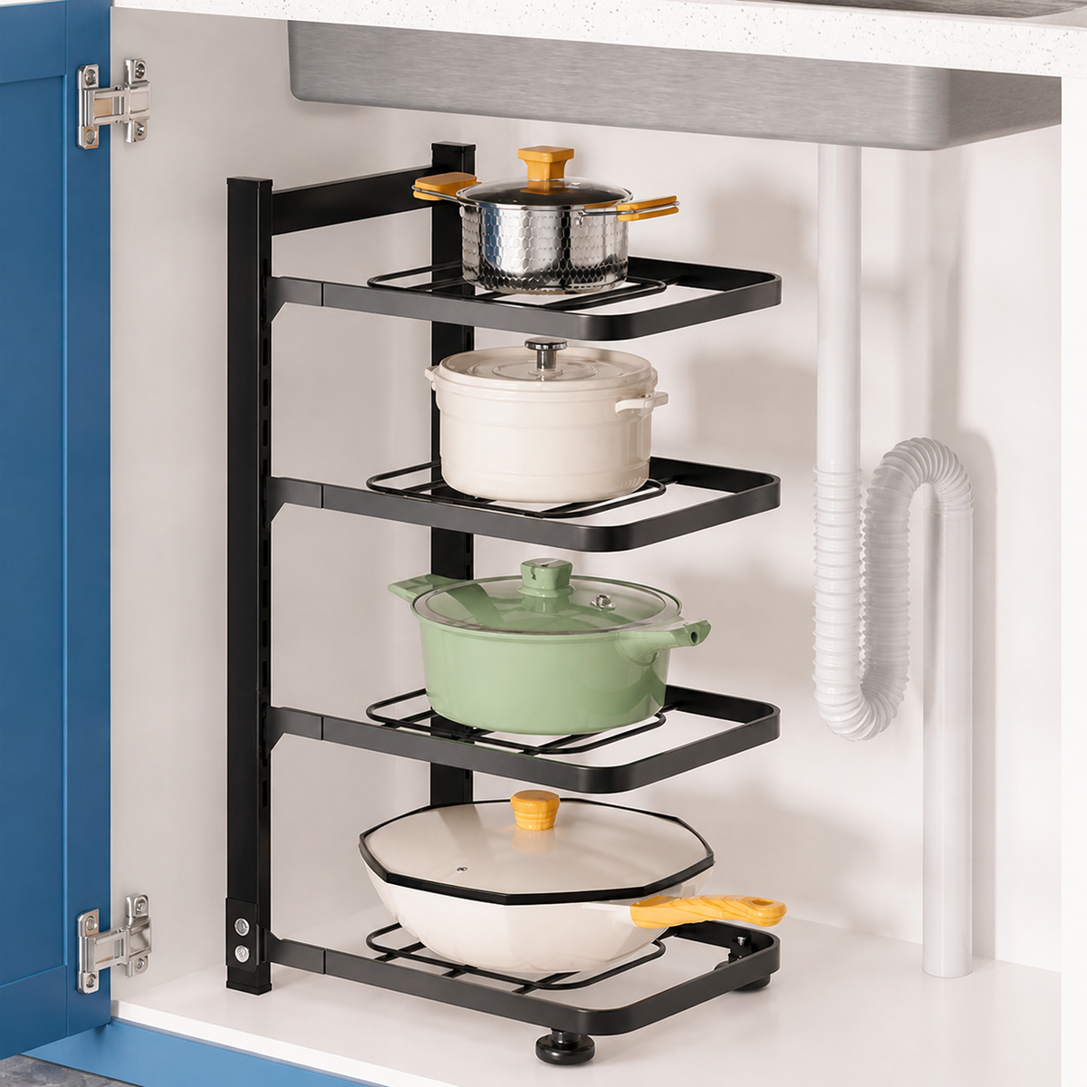 Freestanding Pan Organiser, Pots and Pans Organiser for Kitchen Cupboard, Adjustable Carbon Steel Pot Lid Holder, 23cm H x 25cm D