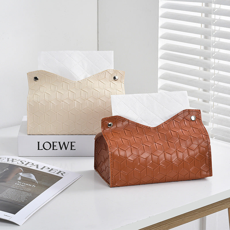 Woven Leather Geometric Embossed Tissue Box Cover, PU, Tabletop, Modern Minimalist