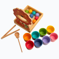 Natural Wood Feeding Toy with Lion Board Preschool Color Matching Toy with Cups and Balls Child-Centered Wooden Sorting Game with Scooping Tools Hand-Eye Coordination for Preschoolers