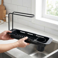 Dish Rack and Dish Drainer with Sink Strainer, Stainless Steel Utensil Holder, Extendable 45cm Kitchen Sink Sponge Holder with Towel Bar, Grey