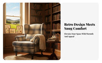 Plaid Side-Wing Armchair Armchair Highspine Design Upholstered Studying Chair Vintage Look Sturdy Wood Frame for Adults, Study