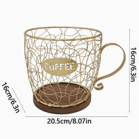Coffee Cup Basket with Wooden Base Wire for Kitchen Counter