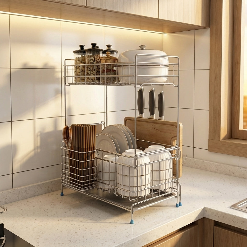 Double Layer Dish Rack with Knife Block, Extendable Stainless Steel Dish Rack in 304 Metal, Light Luxury Style Over the Sink or Countertop Use