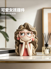 Glasses Girl Decorative Figurine for Desk, Nightstand, Office