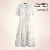 Chinese Dresses for Women Two Piece Traditional Embroidered Dress Set with Floral Pattern, Three Quarter Sleeve Casual Wear for Spring Summer