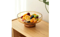 Glass Fruit Bowl with Wooden Pedestal Minimalist Glass Fruit Bowl Clear Countertop Organizer for Kitchen Counter, Dining Table